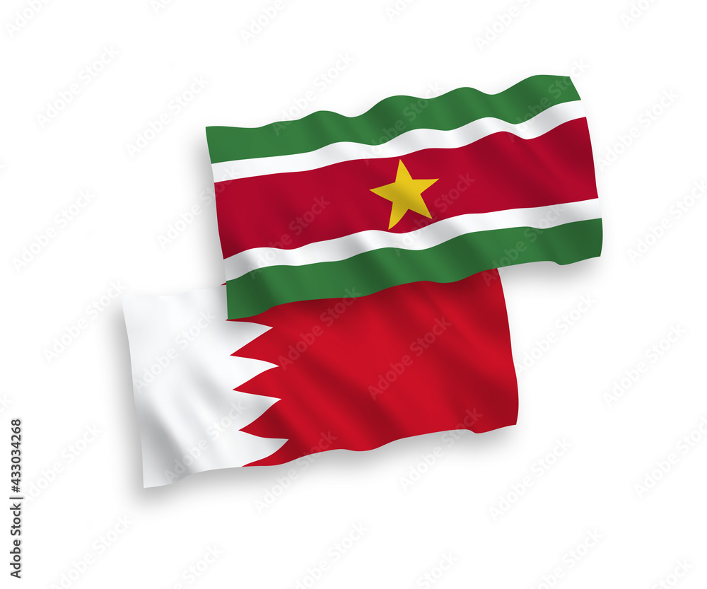 Flags of Republic of Suriname and Bahrain on a white background