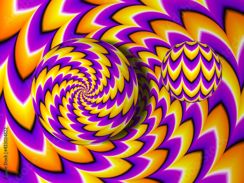 Orange and purple background with moving spheres. Optical illusion of movement.