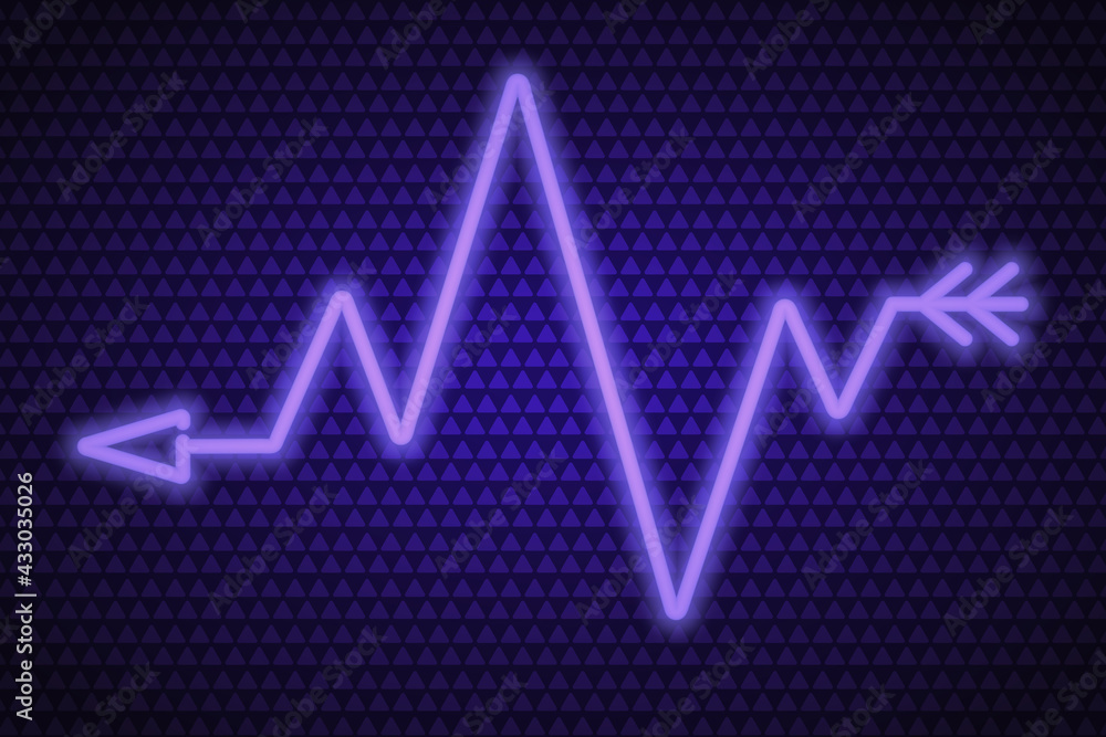 Arrow. Zigzag indicator. Neon glow. Vector illustration. The purple symbol indicates the direction. Colored vector illustration. Isolated background of purple triangles. Rhythmic pulse trace. 