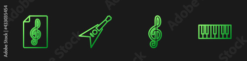 Set line Treble clef, , Electric bass guitar and Music synthesizer. Gradient color icons. Vector