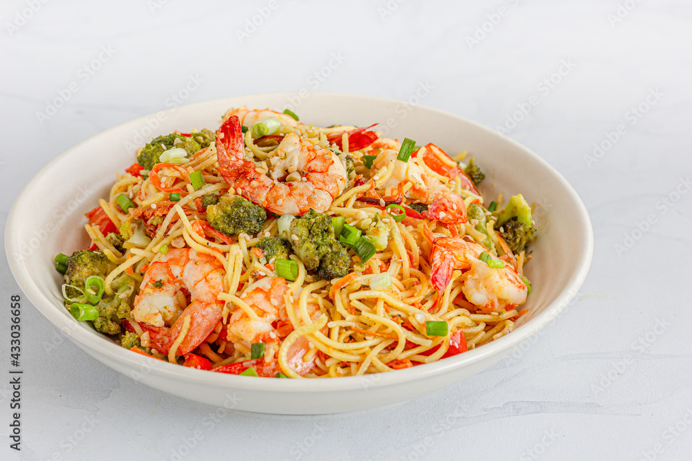 Stir-Fried Noodles with Shrimp and Broccoli, Asian Food, Popular Take Out Food Photo