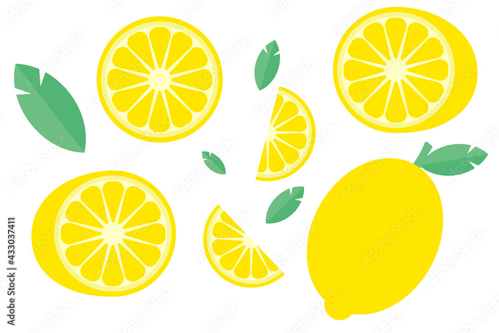 Set of lemons. Lemon in cut. Lemon slices. Leaf. Vector graphics