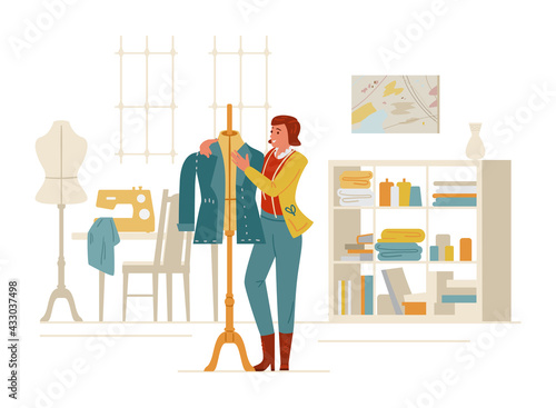 Woman Tailor Or Fashion Designer Near Mannequin In Sewing Studio Interior. Flat Vector Illustration.
