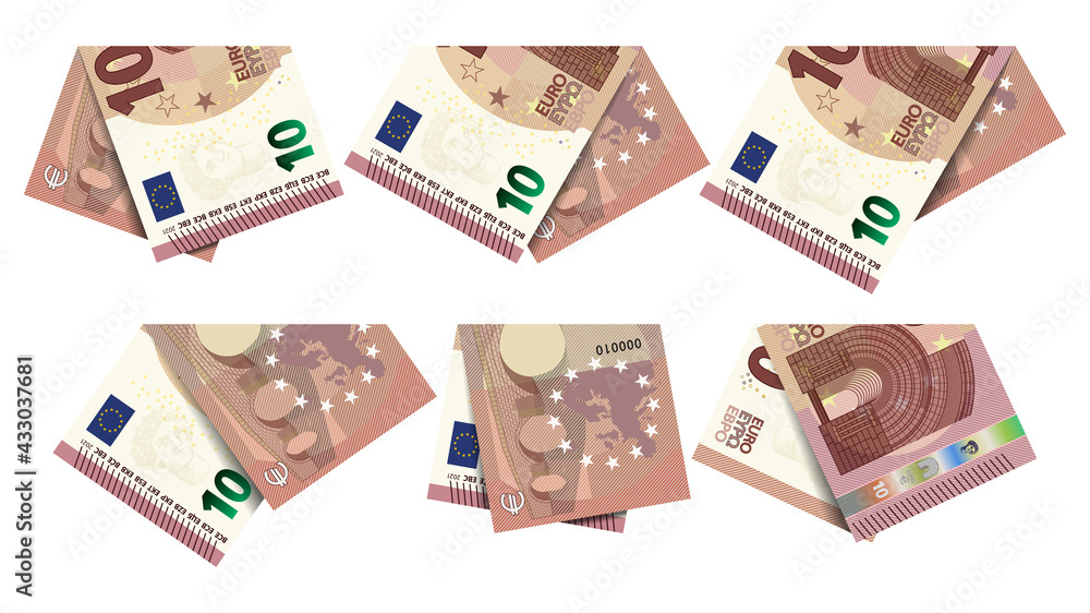 Sample set of folded EU paper money on an isolated white background. Banknotes of 10 euros Sample set of folded EU paper money on an isolated white background. Banknotes of 10 euros