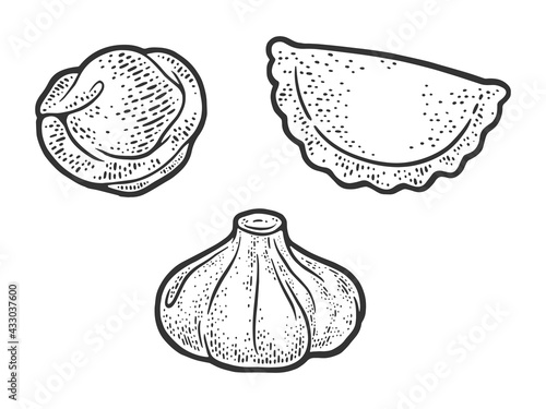 set of dumplings sketch engraving vector illustration. T-shirt apparel print design. Scratch board imitation. Black and white hand drawn image.