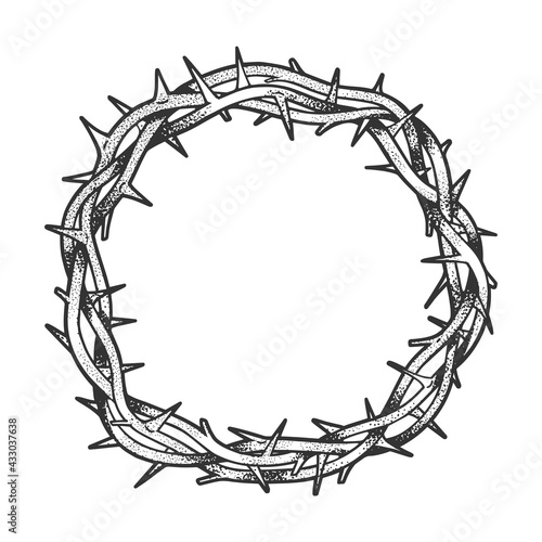 Crown of thorns tattoo sketch engraving vector illustration. T-shirt apparel print design. Scratch board imitation. Black and white hand drawn image.