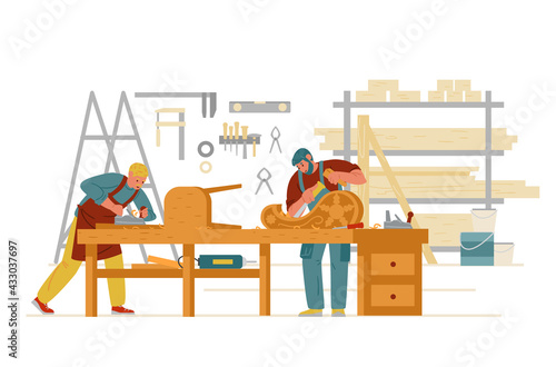 Carpenter Workshop Interior With Men Working. Carving On Wood, Making Furniture. Craftsman Flat Vector Characters. 