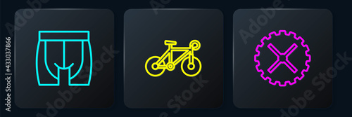 Set line Cycling shorts, Bicycle sprocket crank and . Black square button. Vector