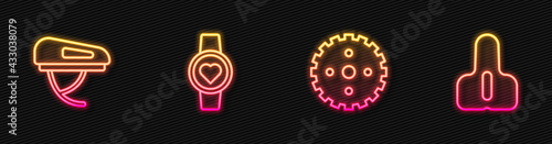 Set line Bicycle sprocket crank, helmet, Smart watch and seat. Glowing neon icon. Vector