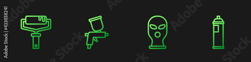 Set line Balaclava, Paint roller brush, spray gun and can. Gradient color icons. Vector