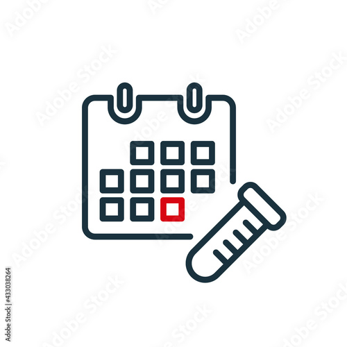 Calendar and Test Tube line icon. Schedule of Take Test, Donate Blood. Annual checkup line icon. Red Day for Check of Treatment. Editable stroke. Vector illustration