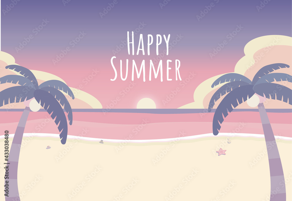 夏 朝の海辺 サンライズ 絵葉書 暑中見舞い ベクターイラスト 塗り足し3mm Stock イラスト Adobe Stock