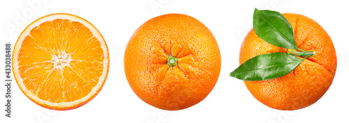 Orange isolate. Orange fruit slice and a whole with leaves on white background. Orang top view set.
