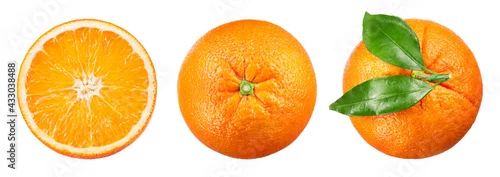 Obraz  z motywem Orange isolate. Orange fruit slice and a whole with leaves on white background. Orang top view set.