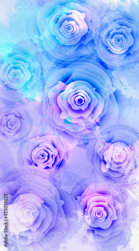 Abstract background with watercolor colorful splashes and rose flowers. Purple and blue colored. Template for your designs  such as wedding invitation  greeting card  posters  etc.