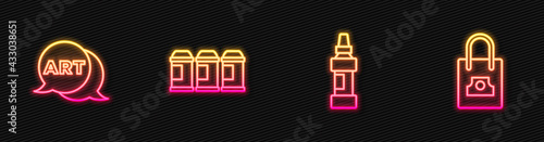 Set line Marker pen, Speech bubble with text art, Paint spray can and Spray nozzle cap. Glowing neon icon. Vector