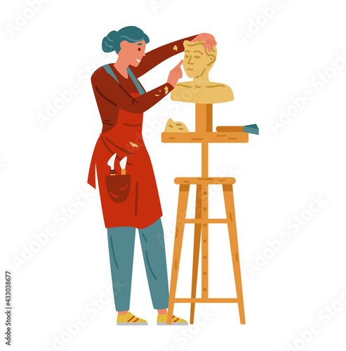 Woman Sculptor Making Statue. Artisan Female Character Vector Illustration. Isolated On White.