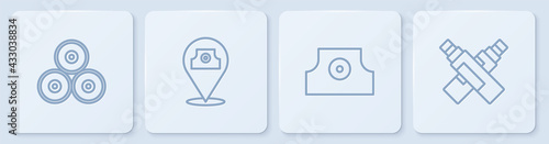 Set line Paint spray can, Spray nozzle cap, and Marker pen. White square button. Vector