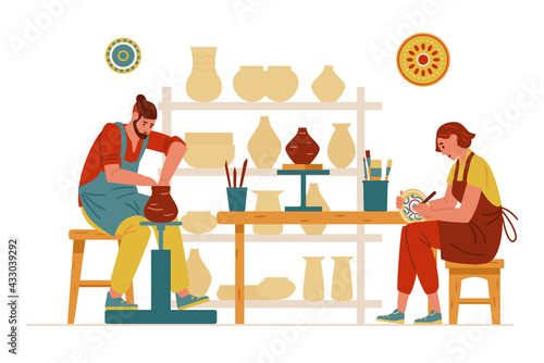 Pottery Studio Interior With Ceramics And People Working. Man Making Clay Pot, Woman Painting A Dish. Vector Illustration.