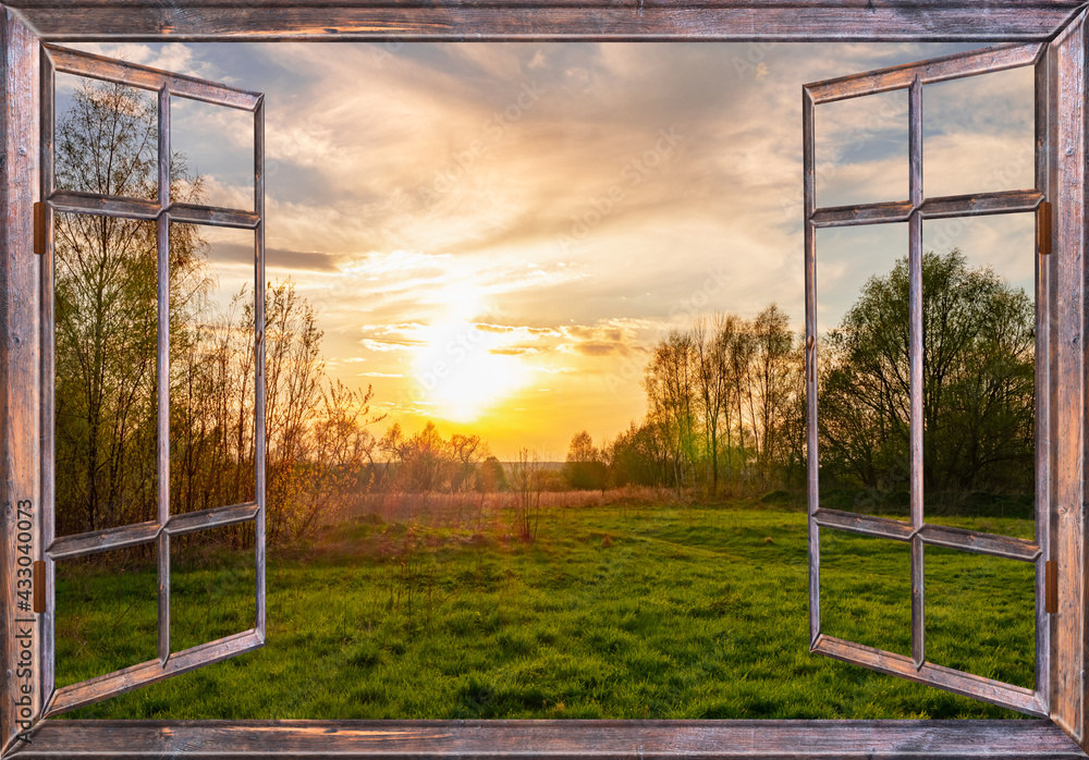 open window overlooking a rural landscape in summer open window overlooking a rural landscape in summer
