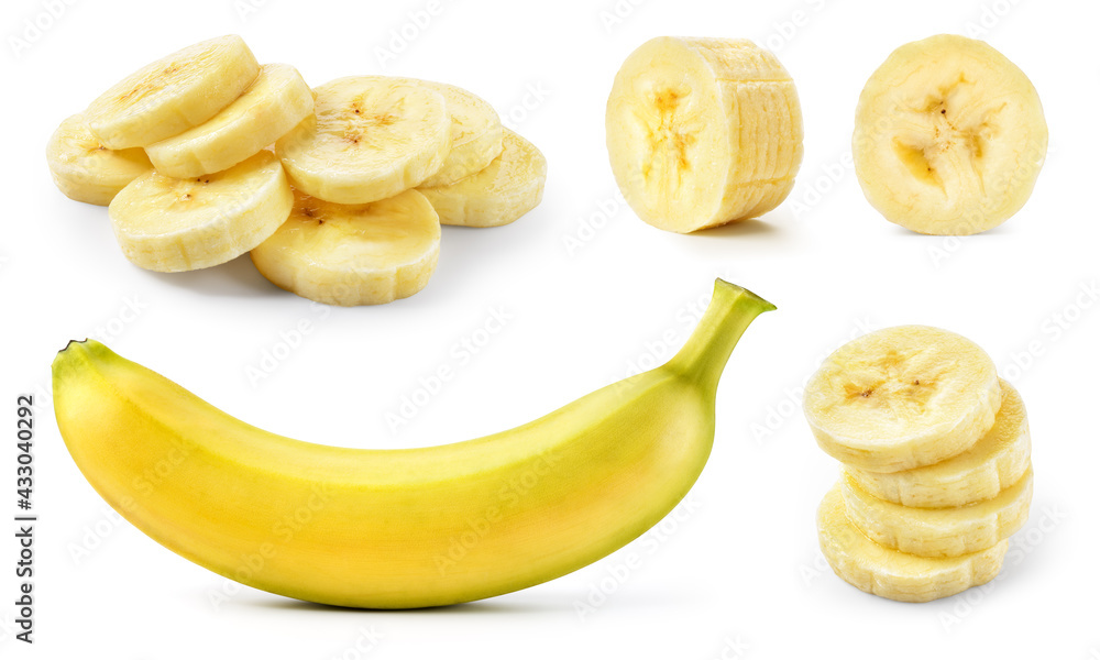Banana slice isolated. Cut bananas on white. Set of banana slices and a whole on white background. - obrazy, fototapety, plakaty 