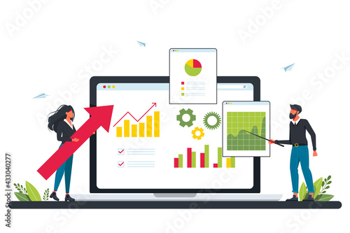 Marketing investment, demand planning, digital auditing concept with tiny people. Accounting. Business plan, finance management, digital sales, revenue metaphor. Concept for website audit, review