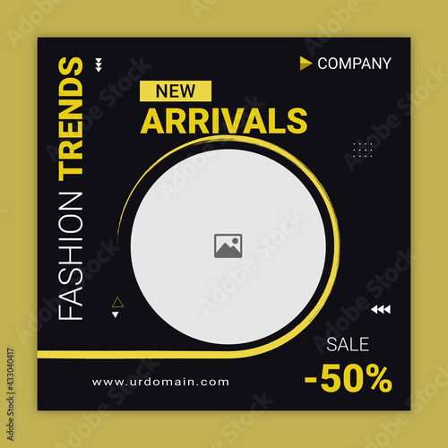 New arrivals sale web banner template for promotion, offer, ad with photo place and black backgound
