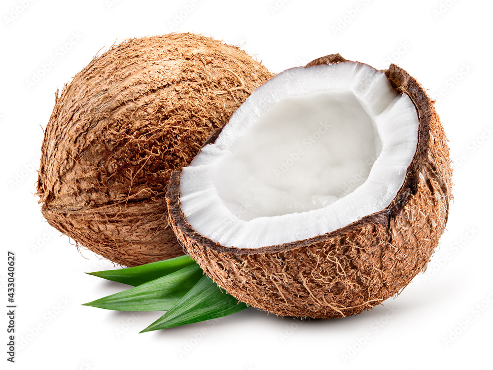 Coconut isolated. Coconuts with leaves on white background. Coconut and a half. Full depth of field. - obrazy, fototapety, plakaty 