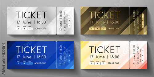 Admission ticket template set. Vector stripe tear-off entrance ticket with abstract diagonal line on background. Design template for concert event, musical performance, exhibition, show