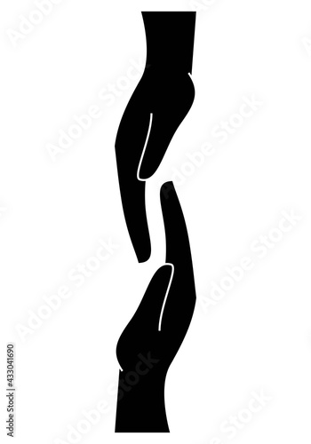 Ayudar, socorrer, auxiliar o prestar ayuda. Echar una mano. Dos manos en blanco y negro sobre fondo blanco. Negociar