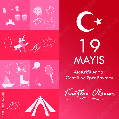 Turkish national holiday illustration banner 19 mayis Ataturk'u Anma, Genclik ve Spor Bayrami, tr: 19 may Commemoration Ataturk, Youth and Sports Day, White and red graphic design with sports icons