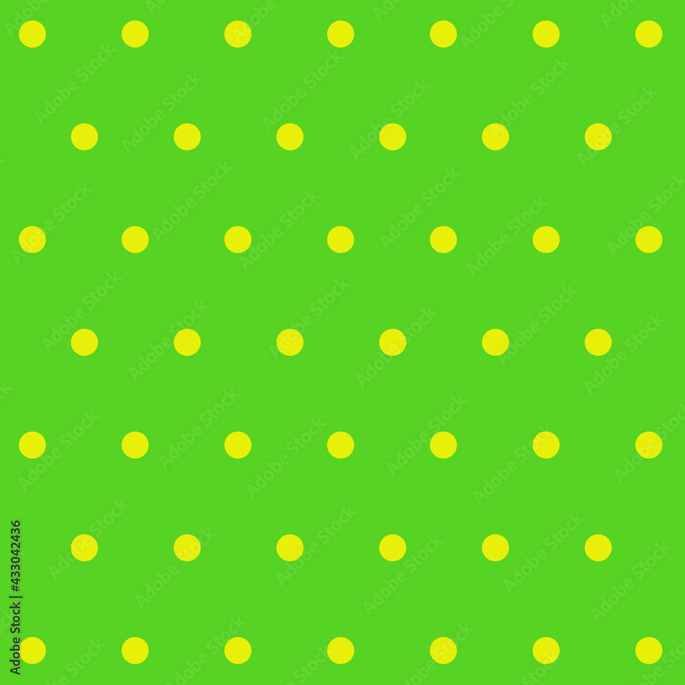 Green background with yellow polka dots. Convenient for use as a print, background, design of posts in social networks, websites, stationery. Vector illustration.
