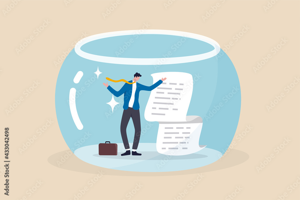 Business transparency, integrity or data disclosure concept, businessman standing with disclosure financial document in crystal clear fish bowl. Business transparency, integrity or data disclosure concept, businessman standing with disclosure financial document in crystal clear fish bowl.