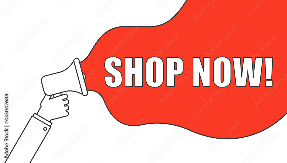 Shop now symbol. Megaphone banner with chat bubble. Special offer sign. Retail Advertising. Loudspeaker with bubble. Shop now symbol. Megaphone banner with chat bubble. Special offer sign. Retail Advertising. Loudspeaker with bubble.