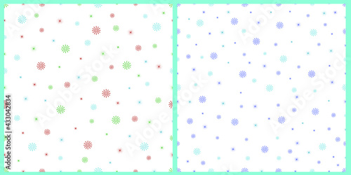 Vector seamless pattern. Multicolored snowflakes on isolated white background. Cute pattern for flyer, poster, cover, textile print, wrapping paper, clothing, napkins. 