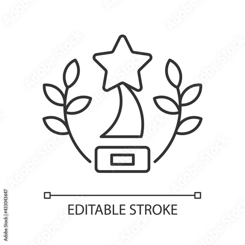 Award-winning content linear icon. Award-winning movies on video streaming platform. Thin line customizable illustration. Contour symbol. Vector isolated outline drawing. Editable stroke