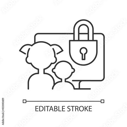 Parental control linear icon. Kids profiles. Prevention from watching age-inappropriate content. Thin line customizable illustration. Contour symbol. Vector isolated outline drawing. Editable stroke photo