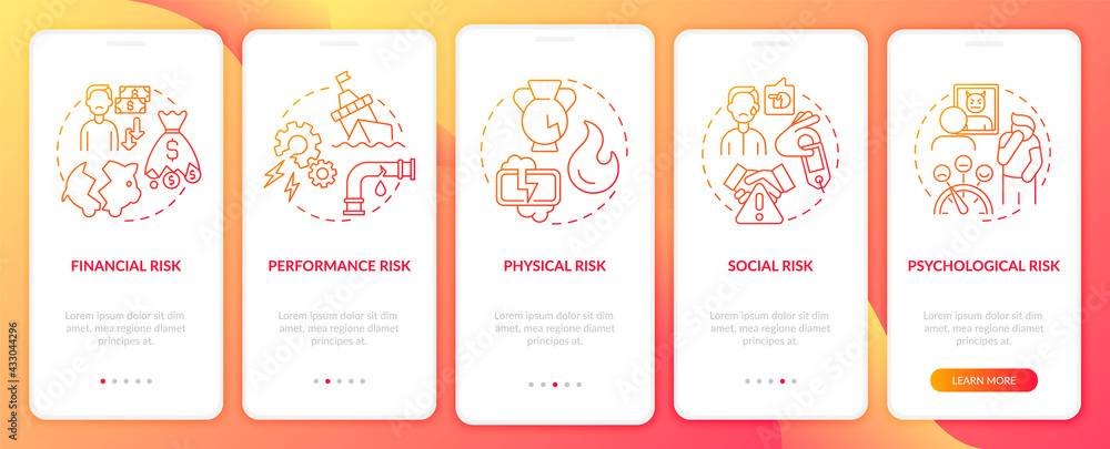 Purchase risk aspects onboarding mobile app page screen with concepts. Psychological, social risks walkthrough 5 steps graphic instructions. UI, UX, GUI vector template with linear color illustrations