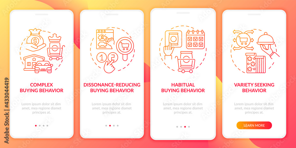 Consumer behaviour kinds onboarding mobile app page screen with concepts. Variety seeking behavior walkthrough 4 steps graphic instructions. UI, UX, GUI vector template with linear color illustrations