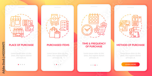 Consumer behavior patterns onboarding mobile app page screen with concepts. Purchase method walkthrough 4 steps graphic instructions. UI, UX, GUI vector template with linear color illustrations