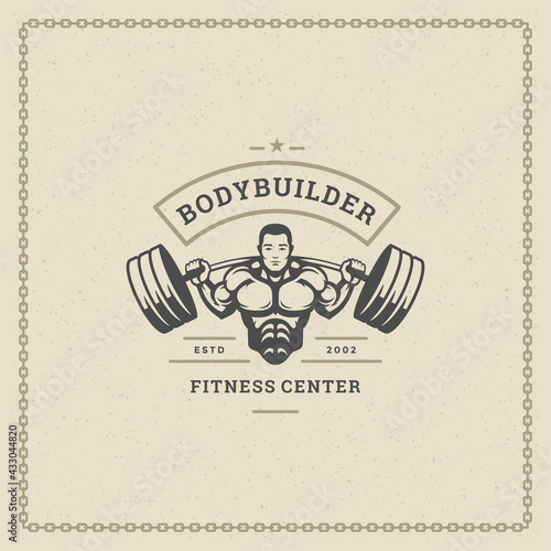 Fitness gym badge or emblem vector illustration bodybuilder man lifting a heavy barbell silhouette