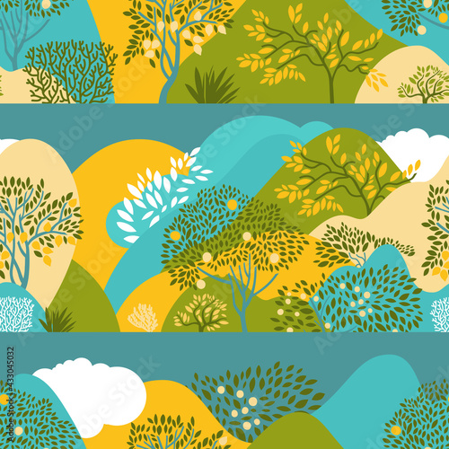 Seamless pattern with hilly landscape, trees, bushes and plants. Growing plants and gardening. Protection and preservation of the environment. Earth Day. Vector illustration.
