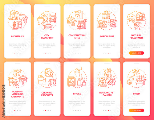 Air pollution disease onboarding mobile app page screen with concepts set. Poisonous pollutants walkthrough 5 steps graphic instructions. UI, UX, GUI vector template with linear color illustrations