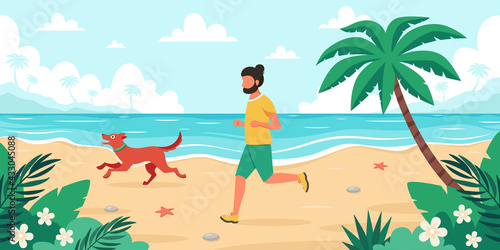 Leisure time on beach. Man jogging with dog. Summer time. Vector illustration