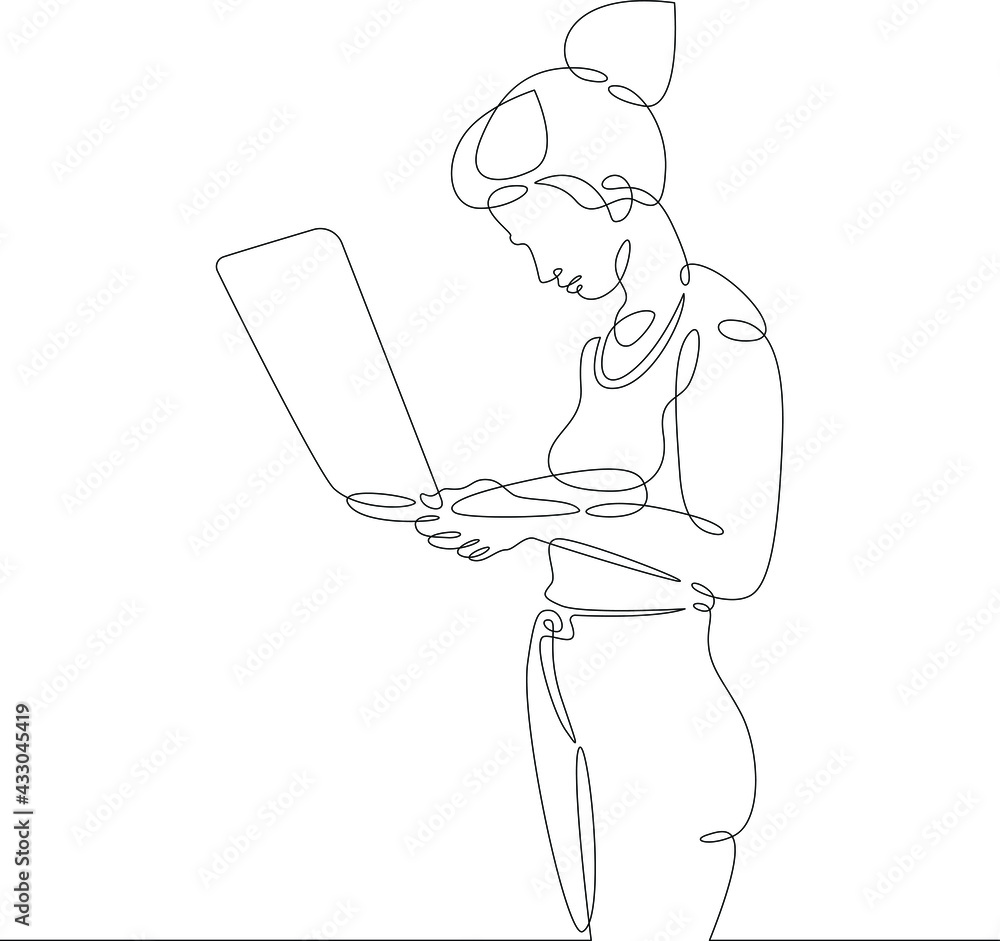 Female character at the work table in the office. Workplace laptop designer programmer manager. One continuous drawing line  logo single hand drawn art doodle isolated minimal illustration.