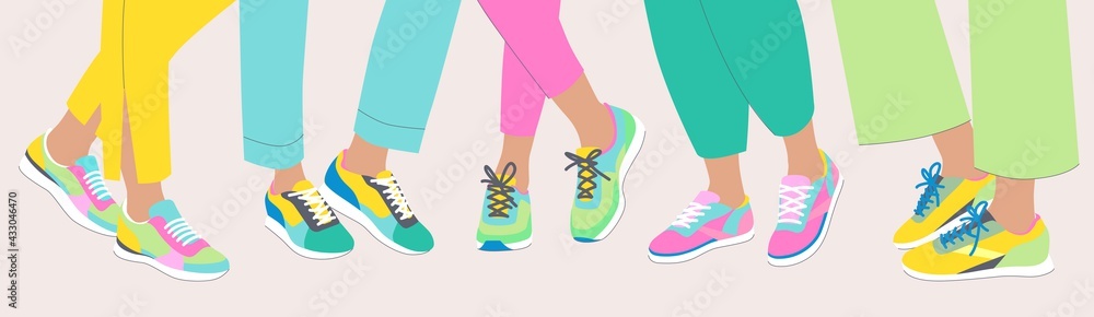 Fashion illustration of a girl's feet. Set of female legs in the bright sneakers.
