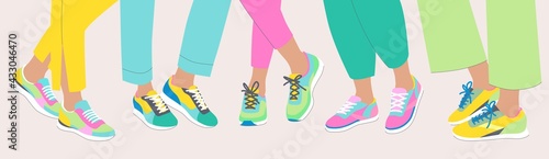 Fashion illustration of a girl's feet. Set of female legs in the bright sneakers.