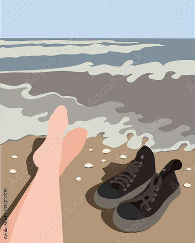 sea abstract landscape. women's feet on the beach. sneakers on the sand. recreation and tourism concept. Ocean waves, blue sky and resting people. flat vector
