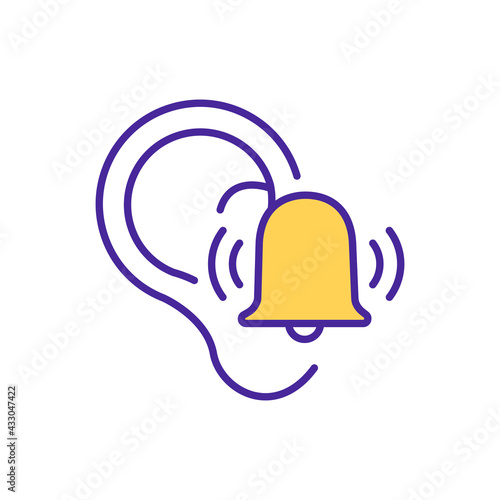 Ringing in ears RGB color icon. Exposure to loud sounds. Hearing loss symptom. Tinnitus. Buzzing, shushing in earholes. Earwax buildup. Sensory hair cells loss. Isolated vector illustration