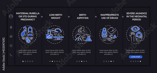 Hereditary hearing disorder onboarding vector template. Responsive mobile website with icons. Web page walkthrough 5 step screens. Birthweight, jaundice night mode concept with linear illustrations